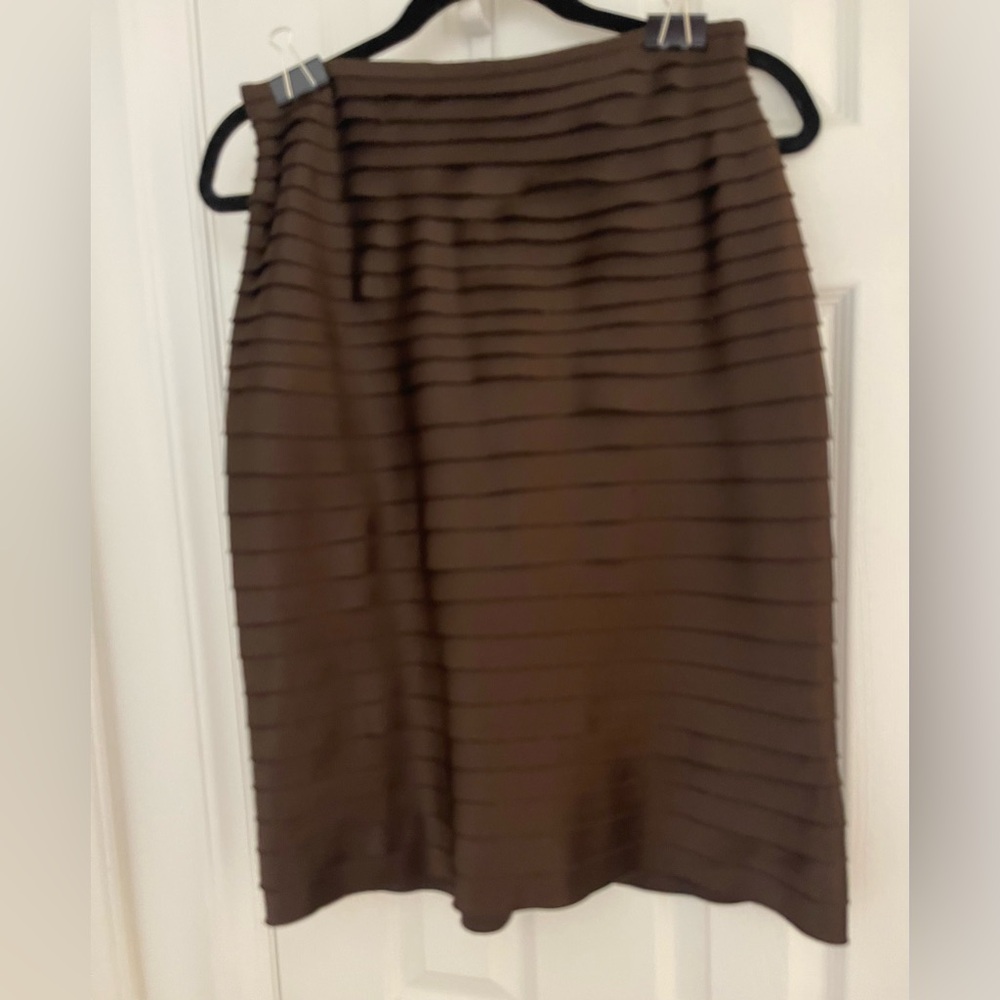 2/$22. JS Collections Chocolate Brown Pencil Skirt with Horizontal Pleating - Picture 1 of 6